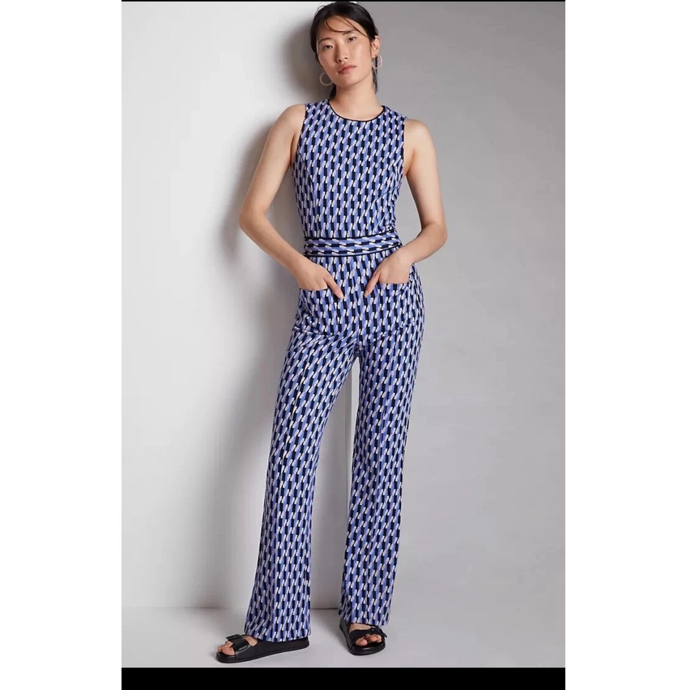 Maeve Anthropologie Blue Geometric Wide Leg Sleeveless Jumpsuit Small Pockets